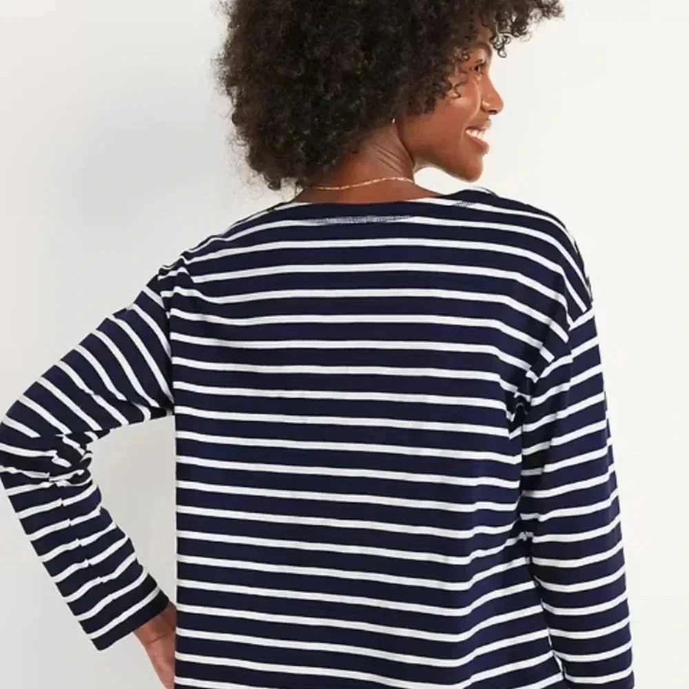 Old Navy Women’s Navy White Nautical Striped Henley Long Sleeve Jersey Shirt XS - Picture 2 of 9